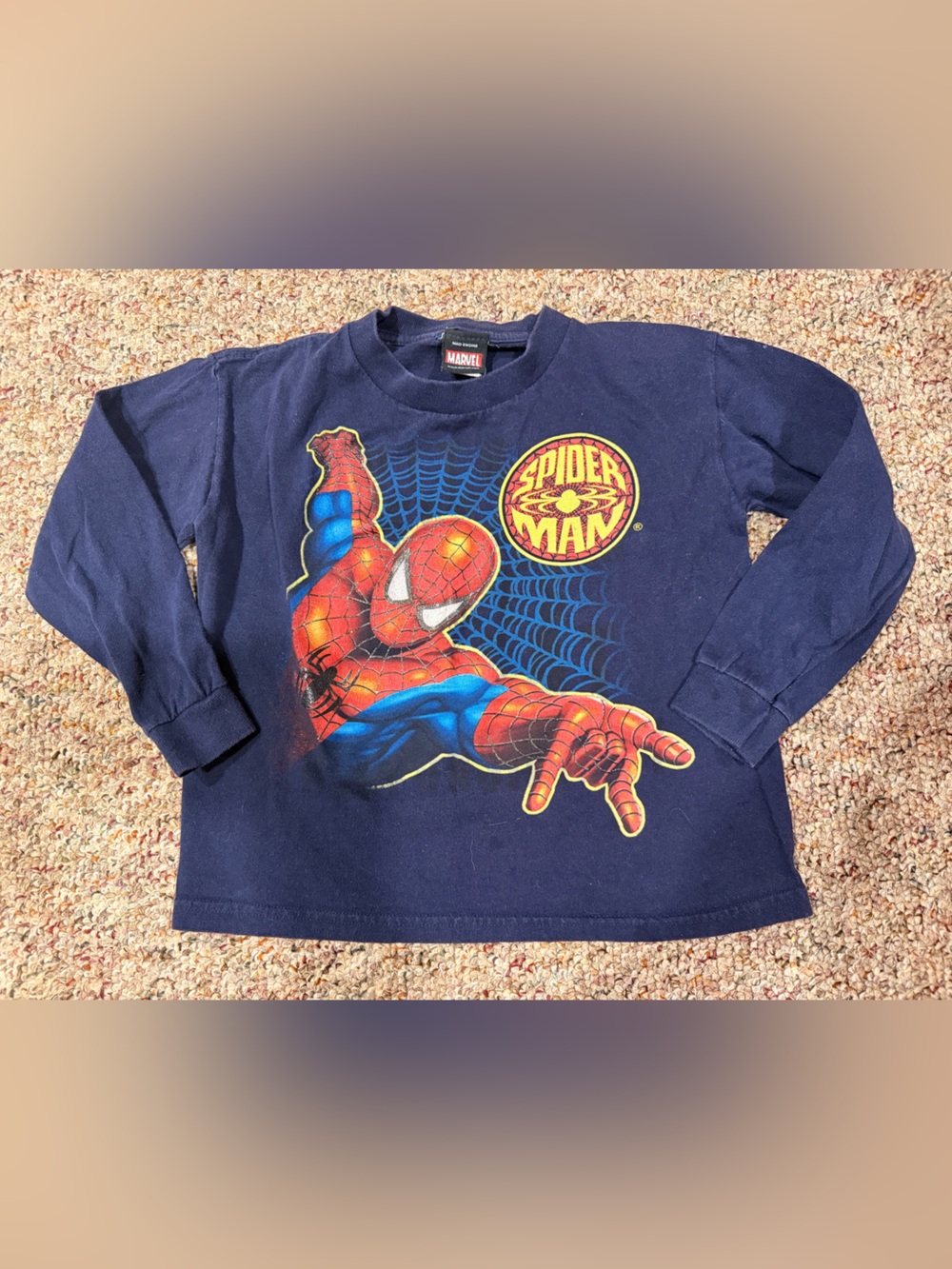 Vintage y2k Marvel MAD Engine Navy Blue Spider-Man Graphic Long Sleeve Tee